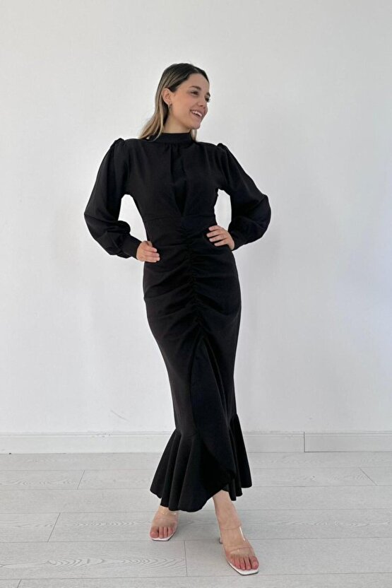 Gökyüzü Moda Siyah Volanlı Uzun Kol Elbise