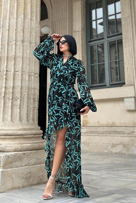 Gökyüzü Moda Desenli Desenli Fırfırlı Elbise