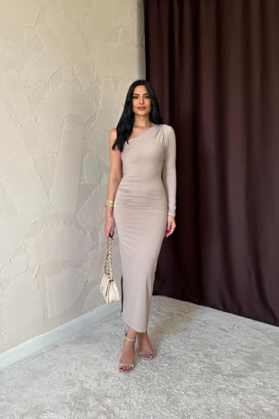 Gökyüzü Moda Bej Büzgü Detaylı Tek Omuz Elbise