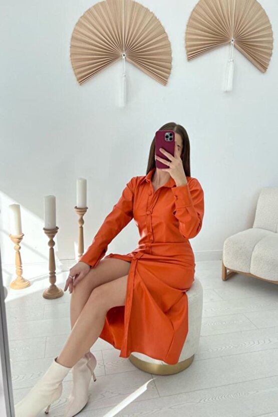 Gökyüzü Moda Oranj Boydan Düğmeli Deri Elbise