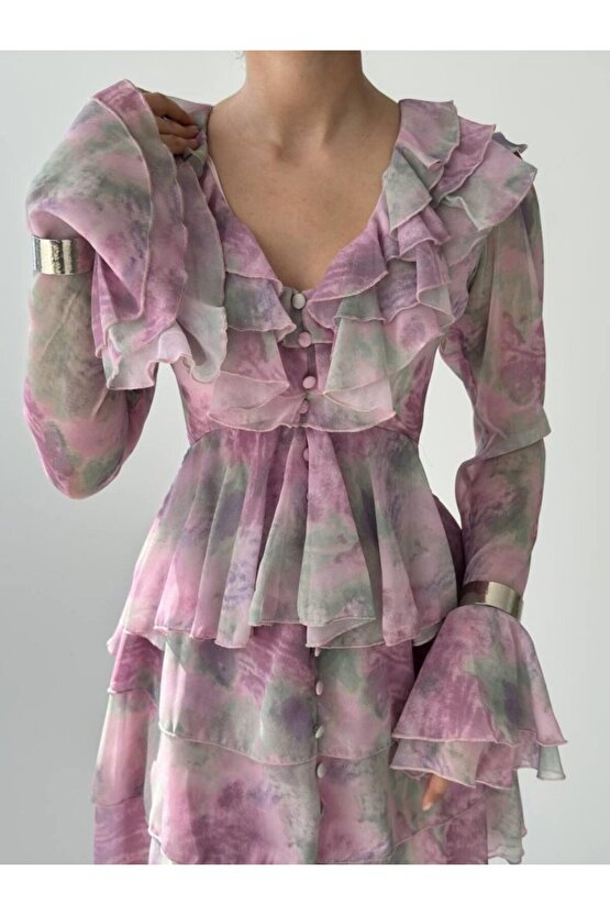 Gökyüzü Moda Elose Fırfırlı Elbise