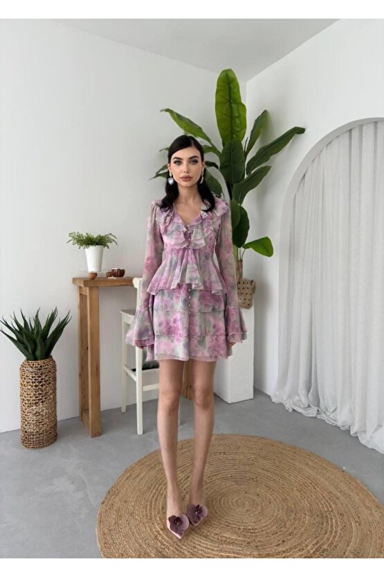 Gökyüzü Moda Elose Fırfırlı Elbise