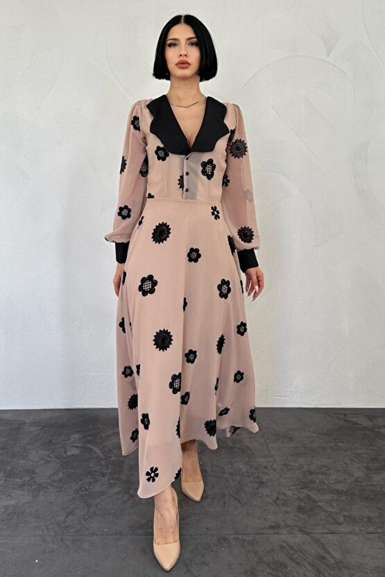 Gökyüzü Moda Vizon Yaka Nakışlı Elbise