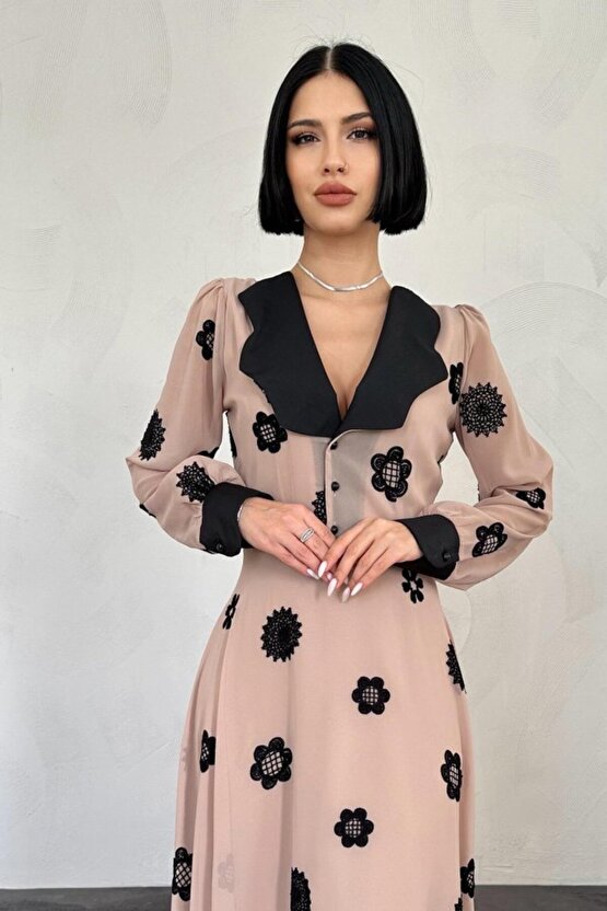 Gökyüzü Moda Vizon Yaka Nakışlı Elbise