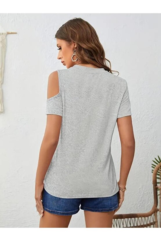 Kadın Kısa Kollu Tek Omuzu Açık Damla Detaylı Viskon Bluz