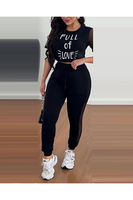 Kadın Kısa Kollu Bisiklet Yaka File Detaylı Viskon Iki Iplik Krop Ve Eşofman Altı Ikili Takım