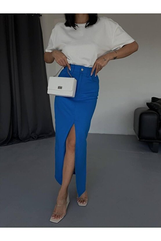 Gökyüzü Moda GABARDİN UZUN ÖNDEN YIRTMAÇLI ETEK - Saks