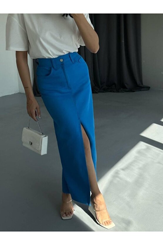 Gökyüzü Moda GABARDİN UZUN ÖNDEN YIRTMAÇLI ETEK - Saks