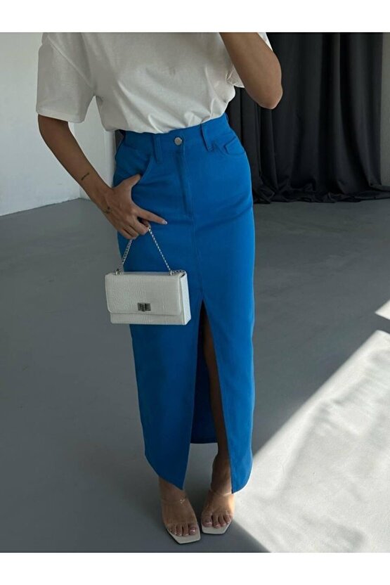 Gökyüzü Moda GABARDİN UZUN ÖNDEN YIRTMAÇLI ETEK - Saks