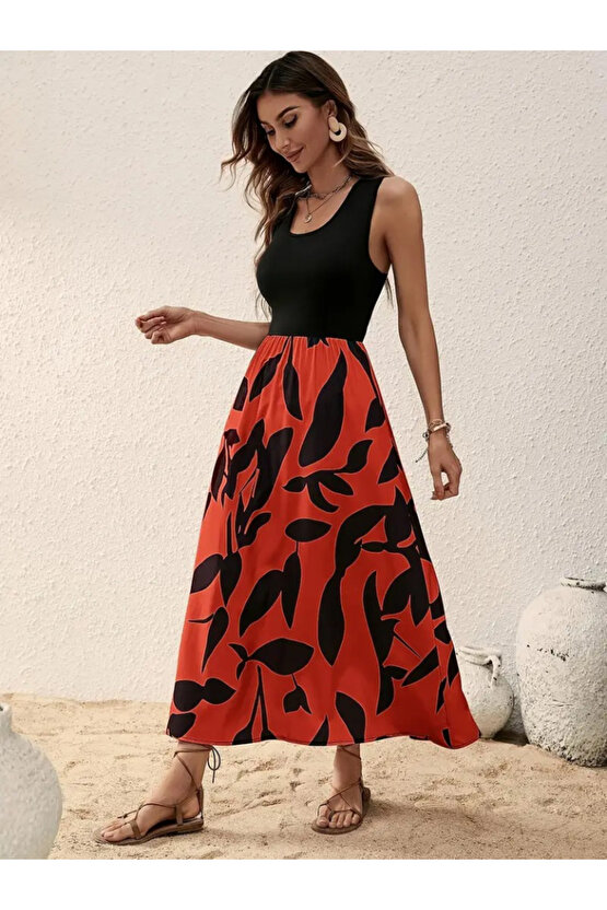 Gökyüzü Moda Kadın Askılı Yuvarlak Yaka üst Viskon Alt Desenli Uzun Süprem Elbise