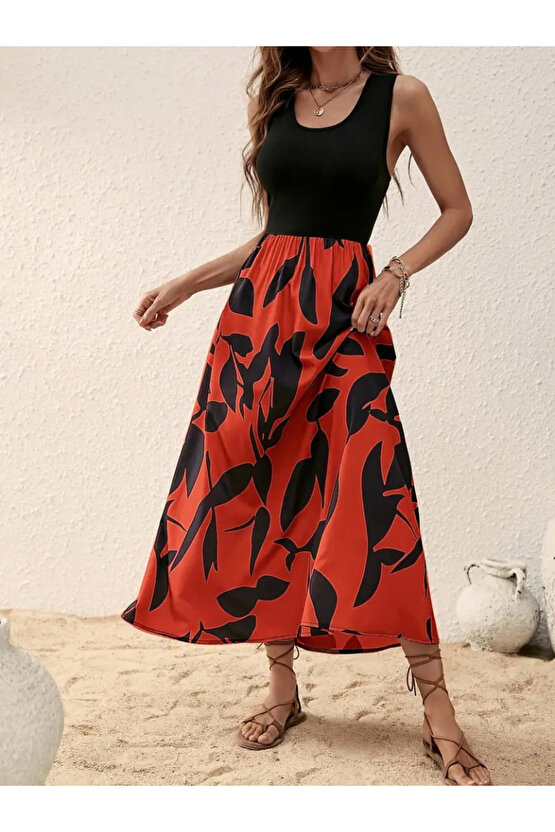 Gökyüzü Moda Kadın Askılı Yuvarlak Yaka üst Viskon Alt Desenli Uzun Süprem Elbise