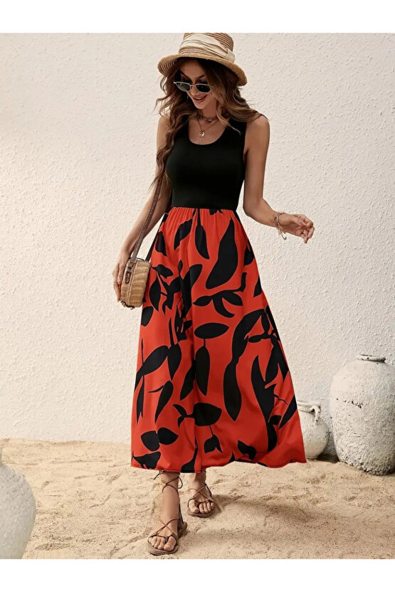 Gökyüzü Moda Kadın Askılı Yuvarlak Yaka üst Viskon Alt Desenli Uzun Süprem Elbise