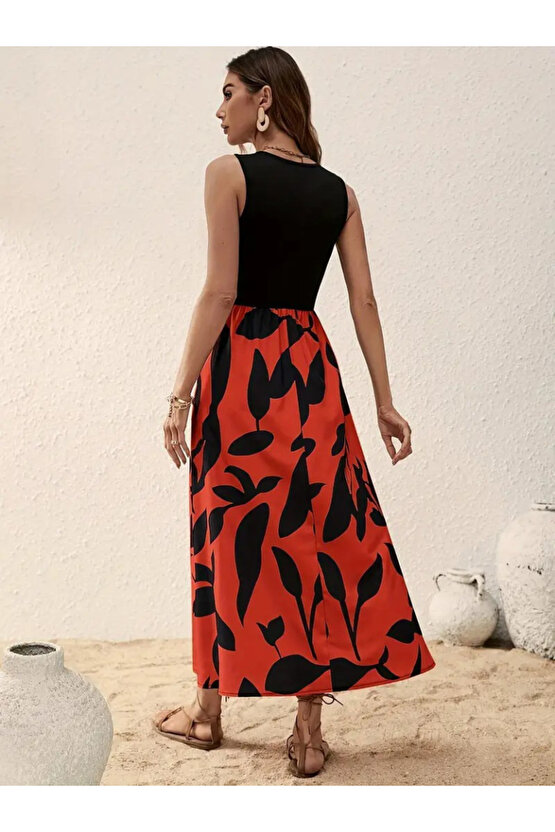 Gökyüzü Moda Kadın Askılı Yuvarlak Yaka üst Viskon Alt Desenli Uzun Süprem Elbise