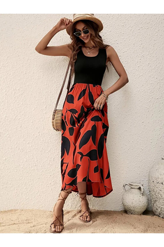 Gökyüzü Moda Kadın Askılı Yuvarlak Yaka üst Viskon Alt Desenli Uzun Süprem Elbise