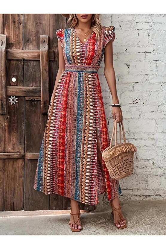 Kadın Kısa Kollu V Yakalı Desenli Yandan Yırtmaçlı Süprem Elbise