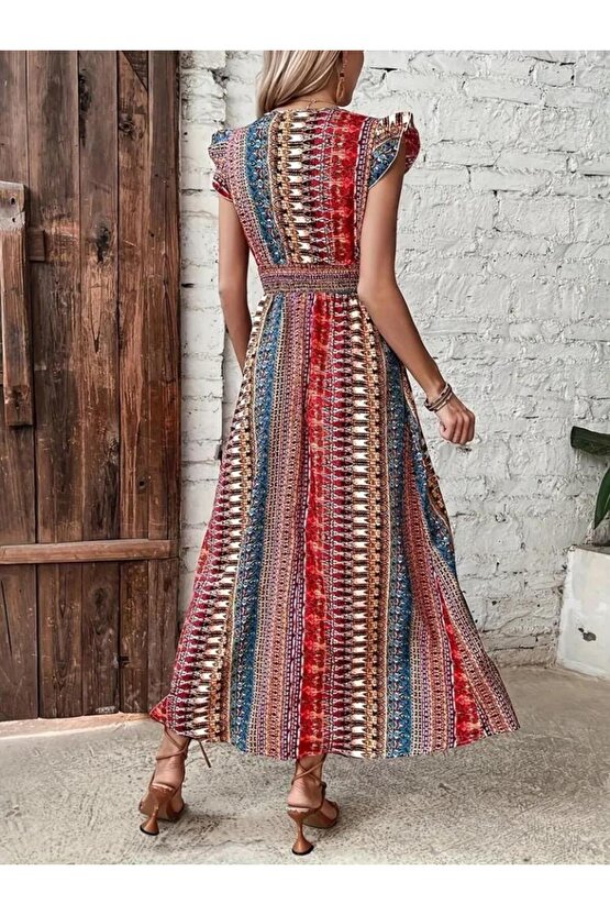 Kadın Kısa Kollu V Yakalı Desenli Yandan Yırtmaçlı Süprem Elbise