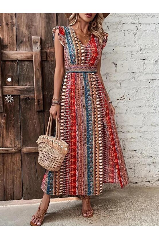 Kadın Kısa Kollu V Yakalı Desenli Yandan Yırtmaçlı Süprem Elbise