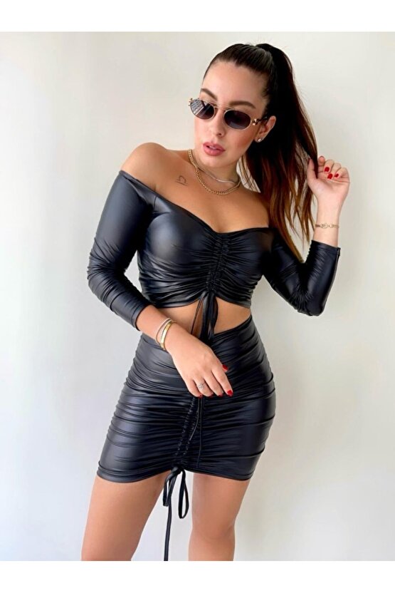 Gökyüzü Moda Kadın Büzgülü Deri Etek Takım Fırsat Ürün