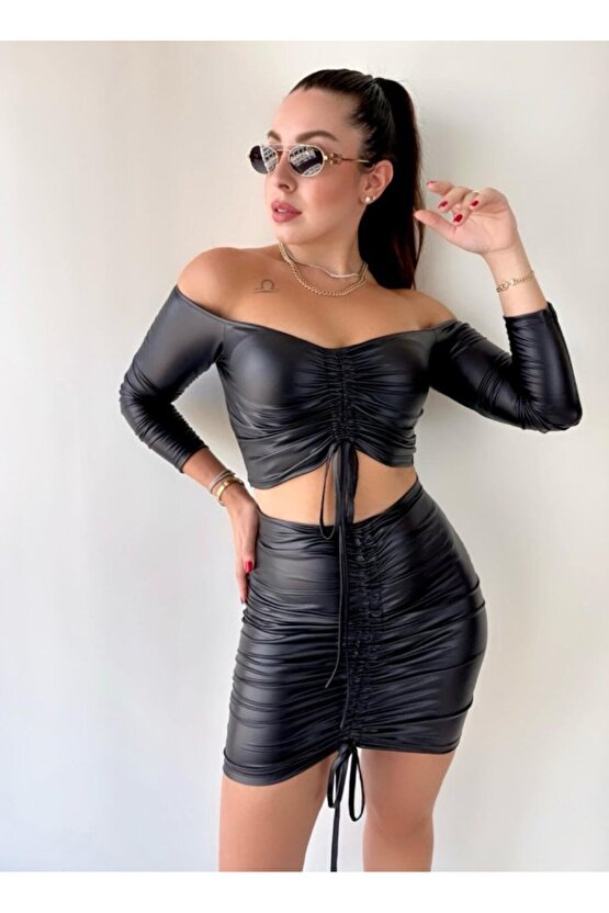 Gökyüzü Moda Kadın Büzgülü Deri Etek Takım Fırsat Ürün