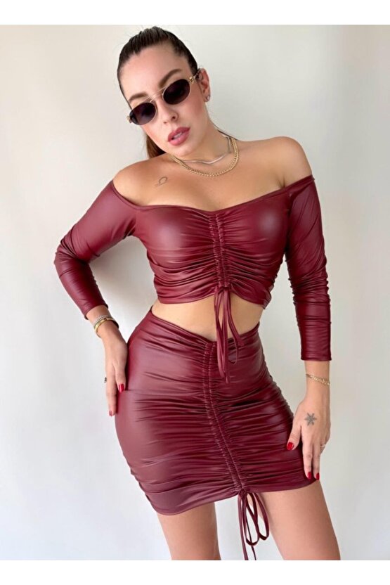 Gökyüzü Moda Kadın Büzgülü Deri Etek Takım Fırsat Ürün