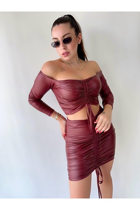 Gökyüzü Moda Kadın Büzgülü Deri Etek Takım Fırsat Ürün