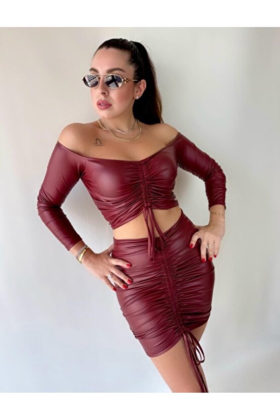 Gökyüzü Moda Kadın Büzgülü Deri Etek Takım Fırsat Ürün