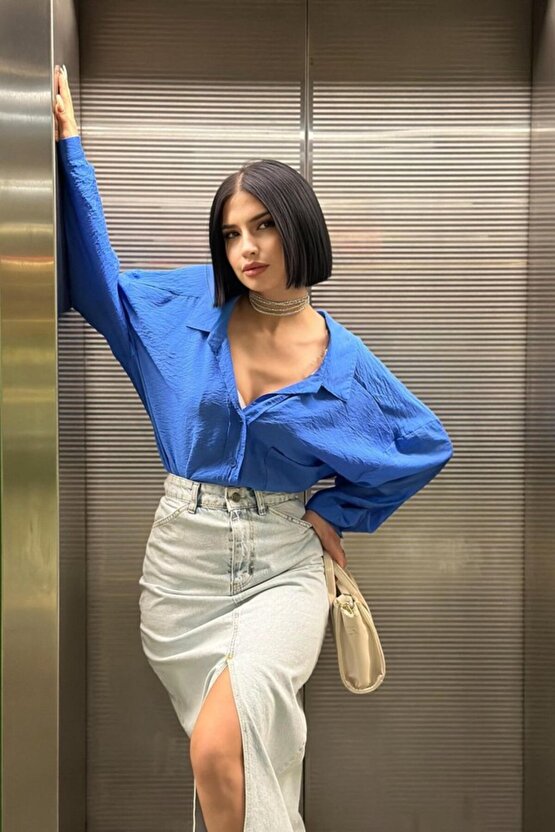 Gökyüzü Moda Kar Yıkama Yırtmaçlı Kot Etek