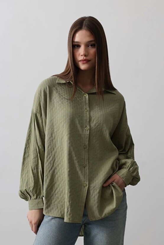 Çizgili Uzun Kol Gömlek Haki