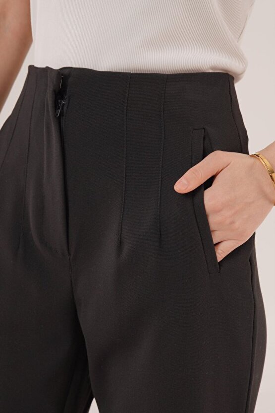 Gökyüzü Moda Çift Pens Detaylı Siyah Pantolon