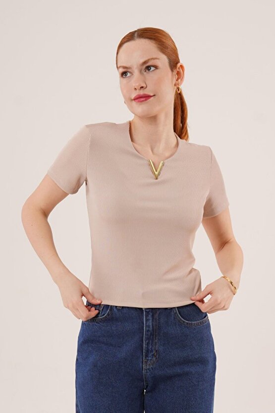 Gökyüzü Moda Kısa Kollu Yaka Detaylı Kaşkorse Taş Bluz