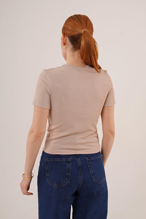 Gökyüzü Moda Kısa Kollu Yaka Detaylı Kaşkorse Taş Bluz