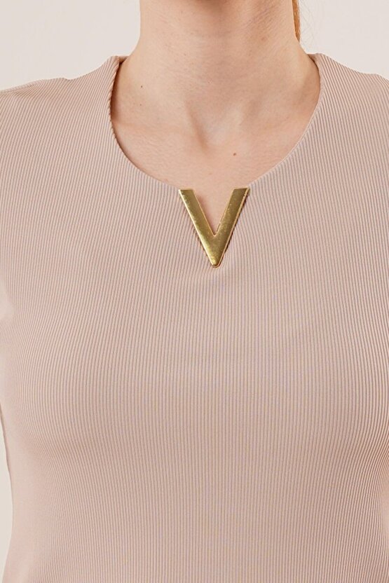 Gökyüzü Moda Kısa Kollu Yaka Detaylı Kaşkorse Taş Bluz