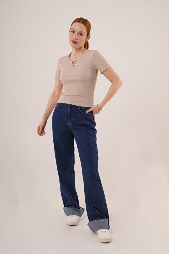 Gökyüzü Moda Kısa Kollu Yaka Detaylı Kaşkorse Taş Bluz