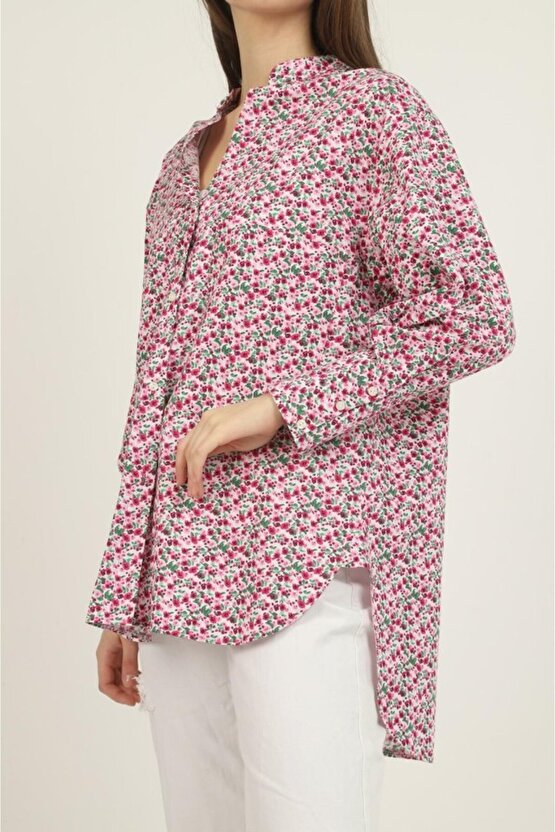 Gökyüzü Moda Kırmızı V Yakalı Ve Desenli Gömlek