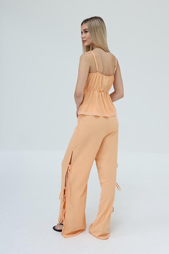 Gökyüzü Moda Fiyonklu Bluz Takım - Kavuniçi