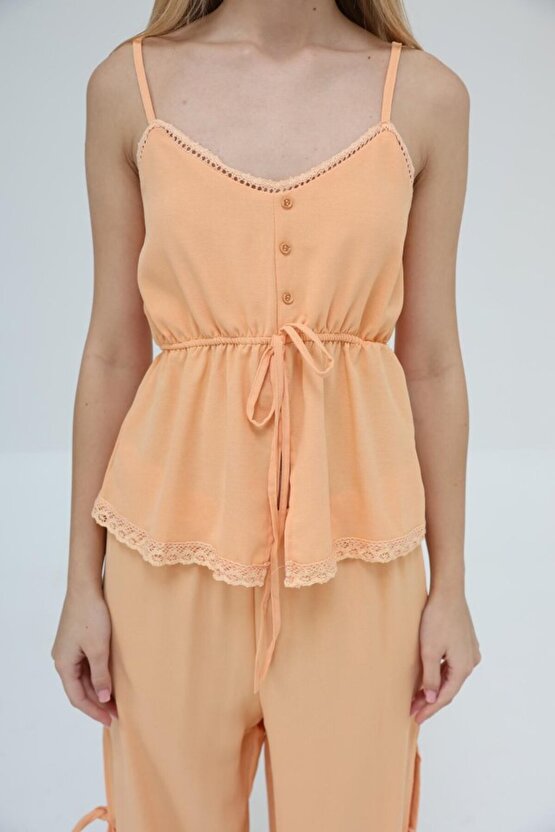 Gökyüzü Moda Fiyonklu Bluz Takım - Kavuniçi