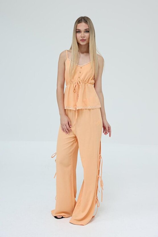 Gökyüzü Moda Fiyonklu Bluz Takım - Kavuniçi