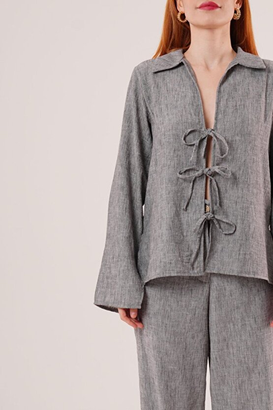 Gökyüzü Moda Ön Bağlama Detaylı Pantolon Ve Gömlek Antrasit İkili Takım