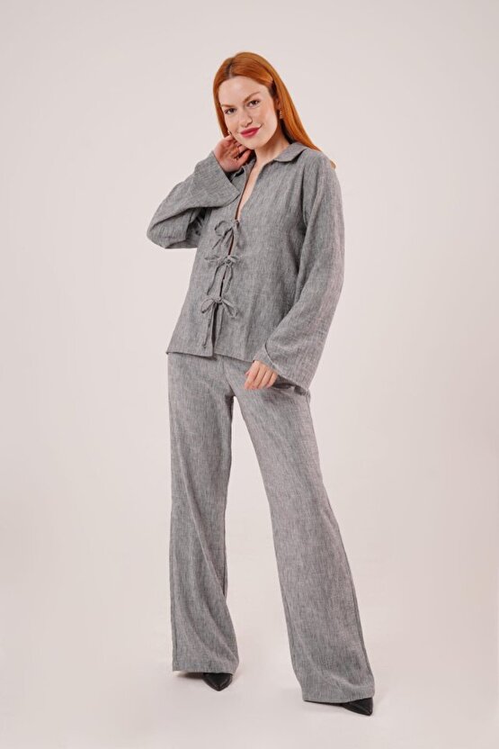 Gökyüzü Moda Ön Bağlama Detaylı Pantolon Ve Gömlek Antrasit İkili Takım