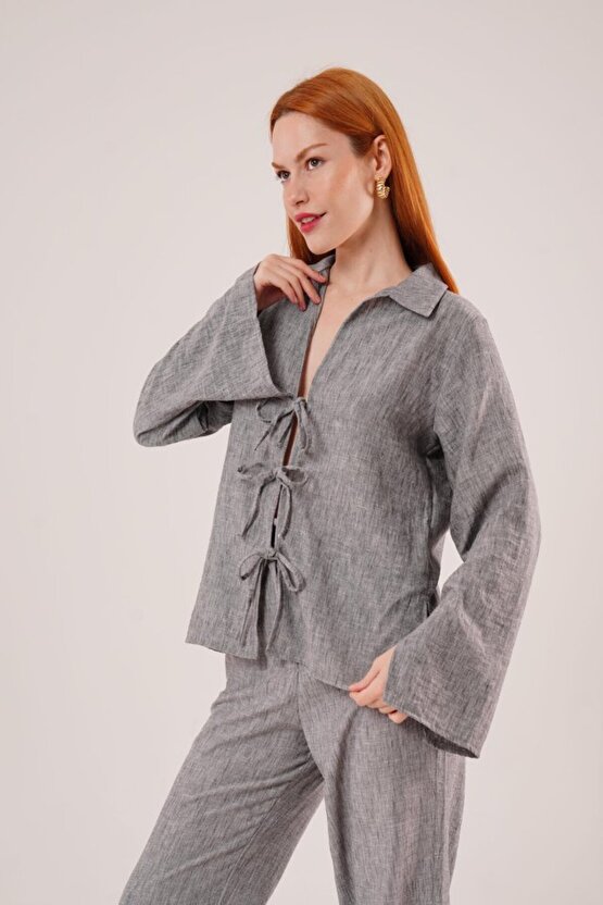 Gökyüzü Moda Ön Bağlama Detaylı Pantolon Ve Gömlek Antrasit İkili Takım