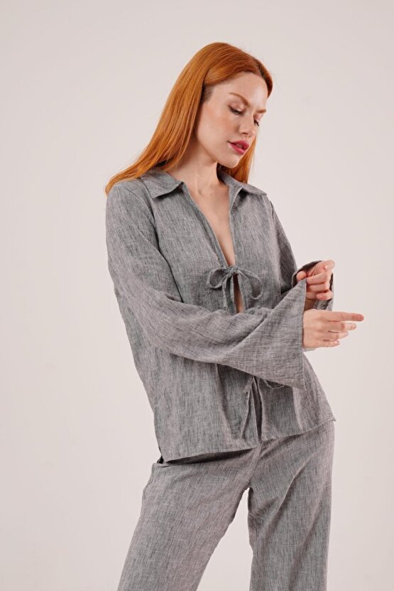 Gökyüzü Moda Ön Bağlama Detaylı Pantolon Ve Gömlek Antrasit İkili Takım