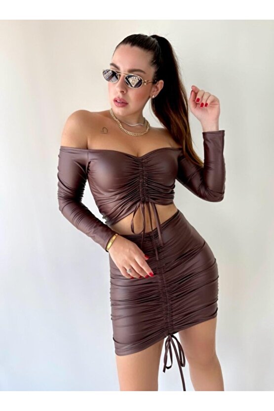 Gökyüzü Moda Kadın Büzgülü Deri Etek Takım Fırsat Ürün
