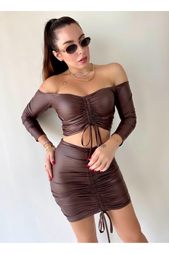 Gökyüzü Moda Kadın Büzgülü Deri Etek Takım Fırsat Ürün
