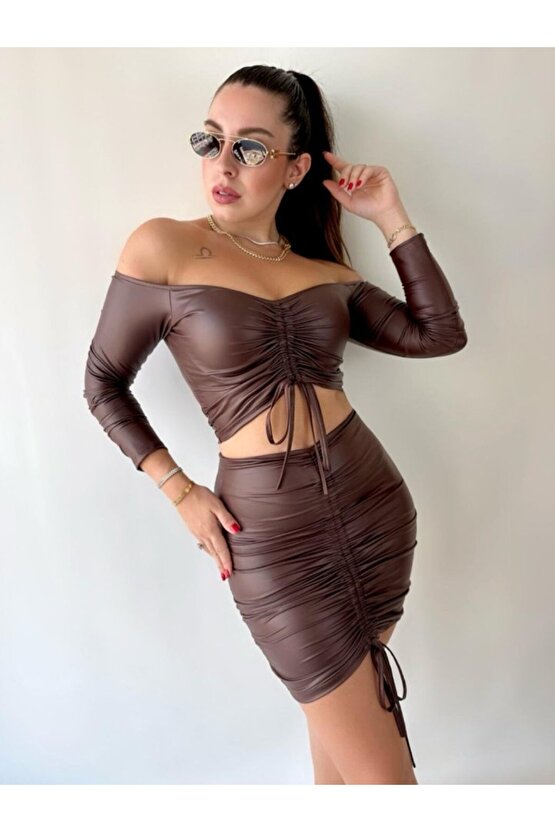Gökyüzü Moda Kadın Büzgülü Deri Etek Takım Fırsat Ürün