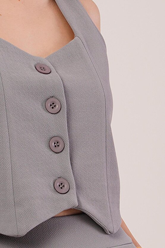 Gökyüzü Kalın Askılı Düğmeli Yelek Ve Pantolon Gri Takım