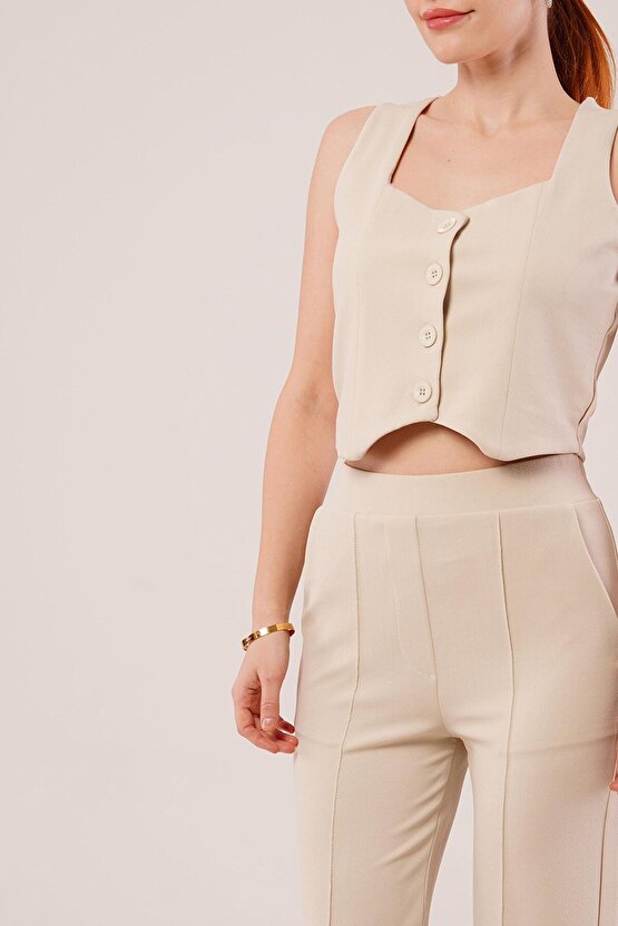 Gökyüzü Moda Kalın Askılı Düğmeli Yelek Ve Pantolon Bej Takım
