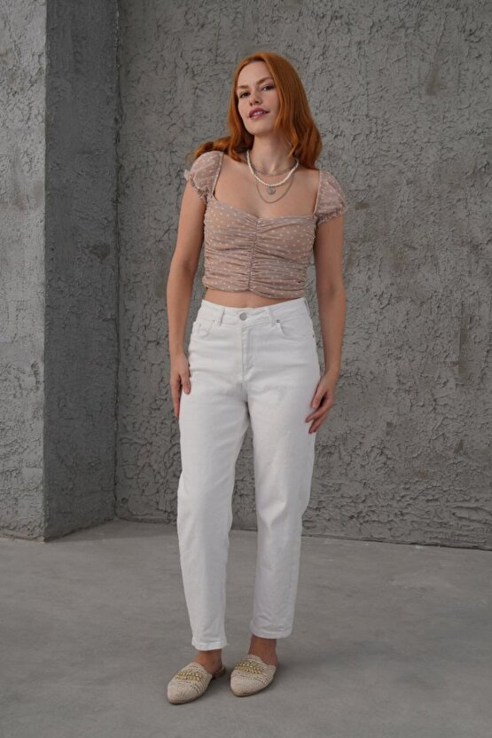 Gökyüzü Moda Puantiyeli Belden Oturtmalı Tül Krem Bluz