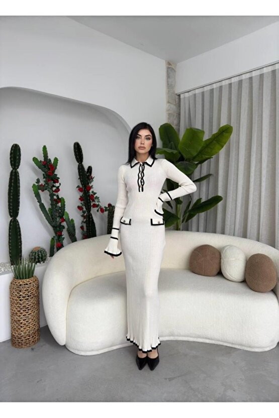 Gökyüzü Moda Wale Cep Detaylı Elbise