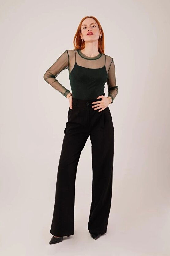 Transparan Yeşil Tül Basic Bluz