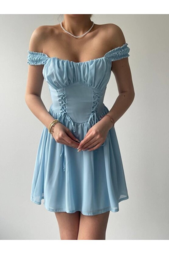 Gökyüzü Moda Aria Büzgü Askılı Elbise